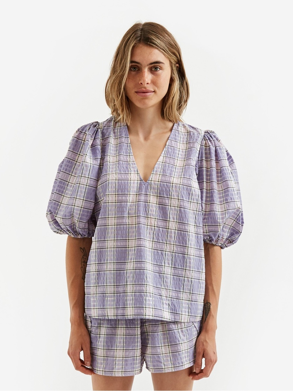 Ganni Puff Sleeve Plaid Top in Lavender